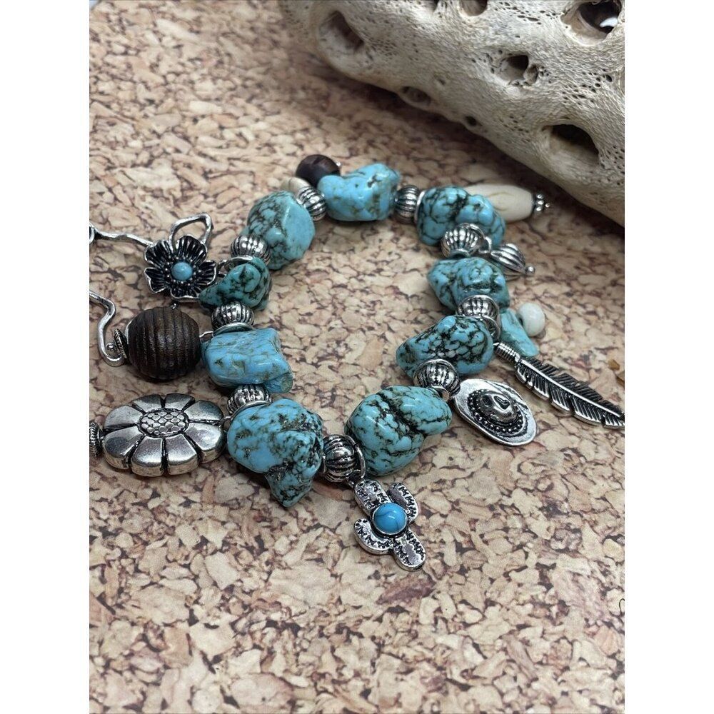 Turquoise Nugget Stretch Bracelet Feather Cactus Cow Western Bead Wood Flower - Picture 2 of 15